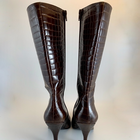 Via Spiga Croc Embossed Brown Leather Boots - Picture 5 of 8